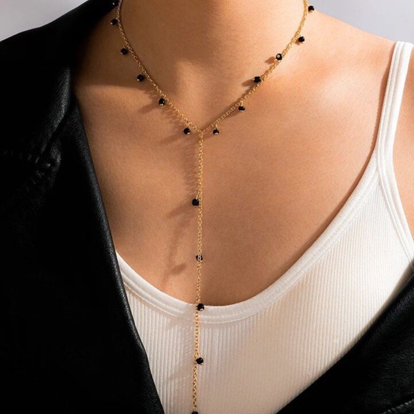 NWOT Gold Black Beaded Lariat Necklace - Picture 2 of 4